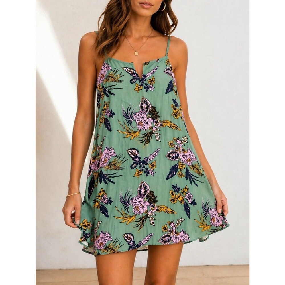Maaji Green Tropical Floral Slip Dress Size Medium V-Neck Strappy Mini Cover-Up